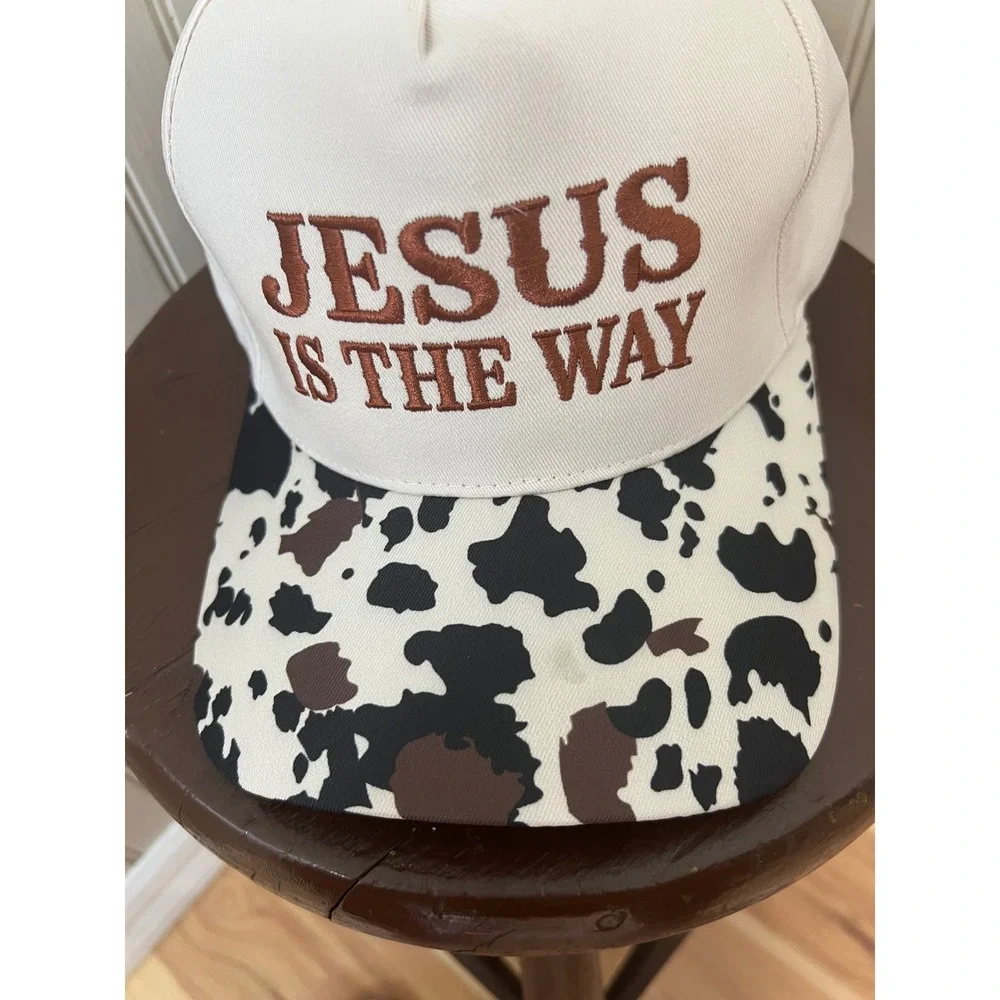 Jesus Is The Way Trucker Hat Cow Print Brim Cream Snapback Baseball Cap